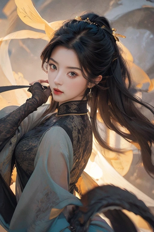 A beautiful woman with red eyes、Posing for a graceful photo with a giant black dragon, arpino,Gray Hair,Face to face, Ultra-realistic, Clear images