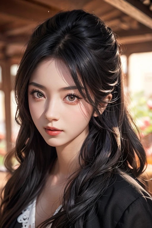 A beautiful woman with red eyes、Posing for a graceful photo with a giant black dragon, arpino,Gray Hair,Face to face, Ultra-realistic, Clear images