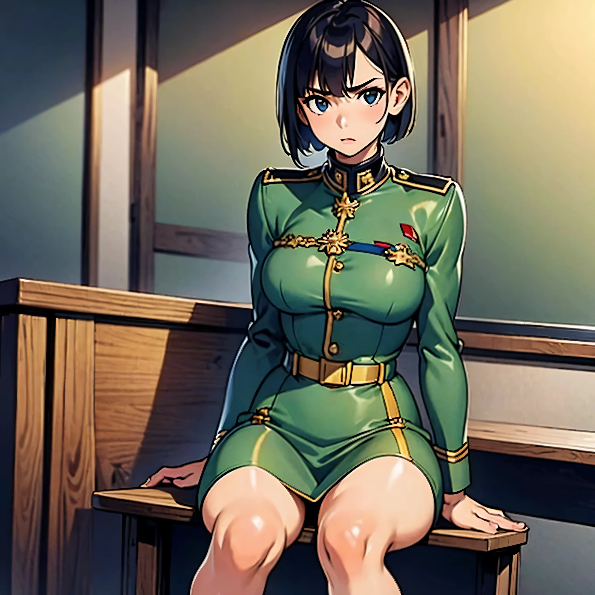 (highest resolution, distinct_image) Best quality, single person, one woman, solo, masterpiece, highly detailed, semi realistic, black short hair, black hair, bangs, 18 years old, mature, light blue military uniform, military uniform, indoor background, gentle, authoritative, powerful, exquisite facial features, exquisite facial features