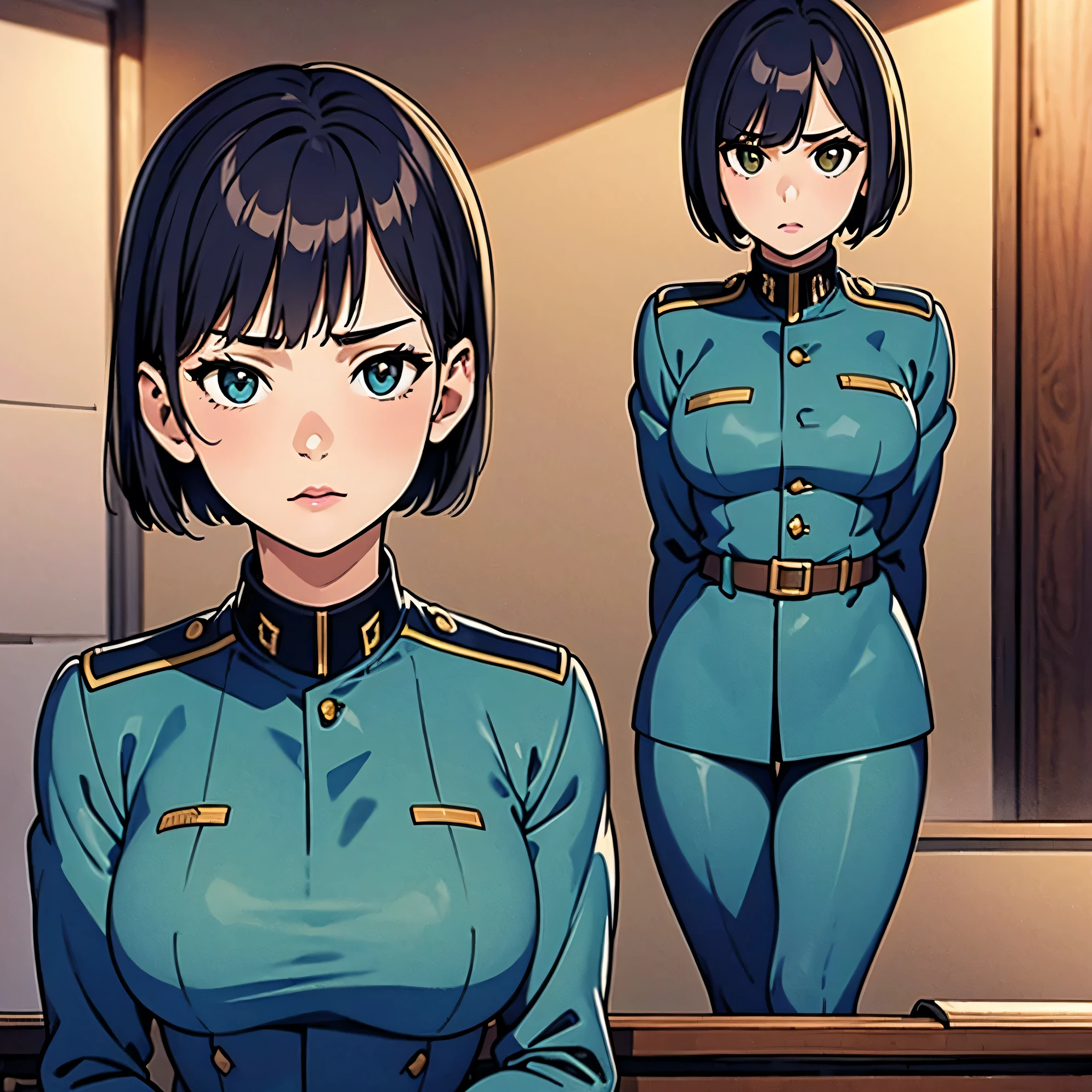 (highest resolution, distinct_image) Best quality, single person, one woman, solo, masterpiece, highly detailed, semi realistic, black short hair, black hair, bangs, 18 years old, mature, light blue military uniform, military uniform, indoor background, gentle, authoritative, powerful, exquisite facial features, exquisite facial features