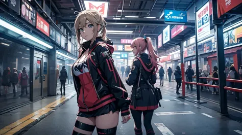 4 chicas anime posando en una ciudad por la noche., oppai ciberpunk, anime ciberpunk art, anime ciberpunk, arte del anime ciberp...