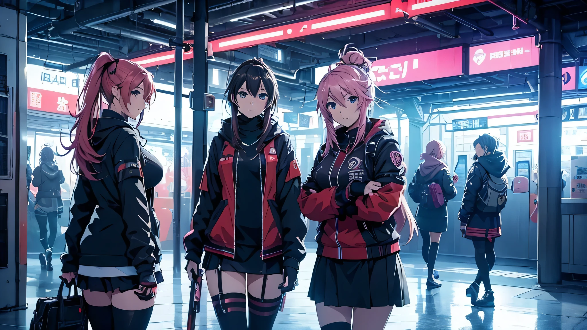 4 Anime-Mädchen posieren nachts in einer Stadt., Cyberpunk Oppai, anime ciberpunk art, anime ciberpunk, arte del anime ciberpunk, digital arte del anime ciberpunk, ciberpunk digital - arte anime, moderner Cyberpunk-Anime, anime ciberpunk digital!!, Bestes Anime 4K Konachan-Hintergrundbild, weibliches Cyberpunk-Anime-Mädchen, in der Cyberpunk-Stadt, Trend zur CGstation, Cyberpunk-Frauen in der U-Bahn mit Waffen vom Typ Fortnite