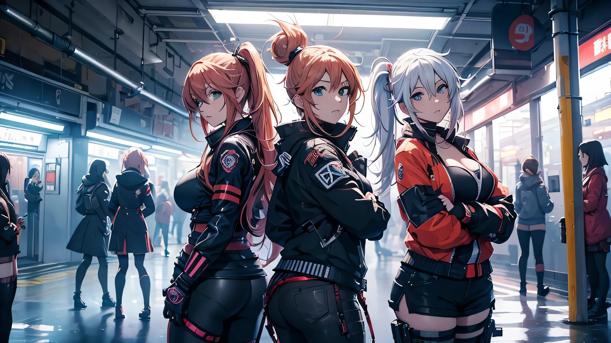 4 Anime-Mädchen posieren nachts in einer Stadt., Cyberpunk Oppai, anime ciberpunk art, anime ciberpunk, arte del anime ciberpunk, digital arte del anime ciberpunk, ciberpunk digital - arte anime, moderner Cyberpunk-Anime, anime ciberpunk digital!!, Bestes Anime 4K Konachan-Hintergrundbild, weibliches Cyberpunk-Anime-Mädchen, in der Cyberpunk-Stadt, Trend zur CGstation, Cyberpunk-Frauen in der U-Bahn mit Waffen vom Typ Fortnite