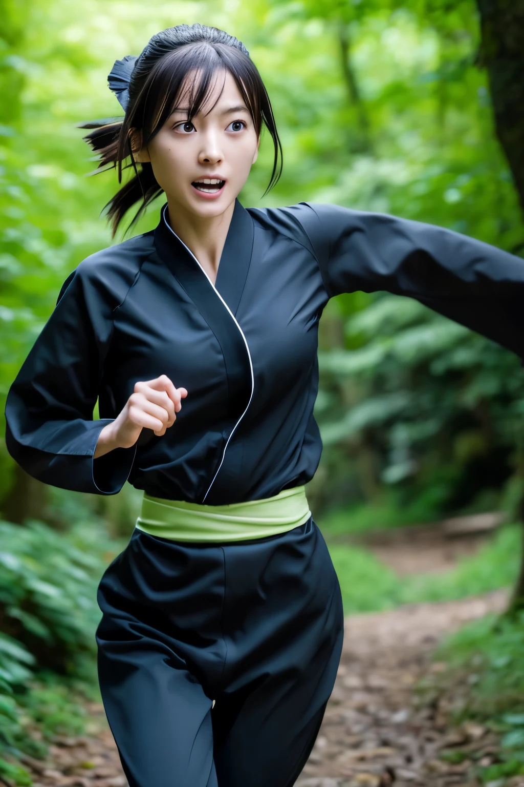 skinny Japanese woman in black Ninja kimono costume running to escape in the dark forest, beautiful face, ((detailed face, detailed eyes)), high quality, high resolution, hyperrealistic photo, a photo capturing a shocking moment, award-winning, masterpiece