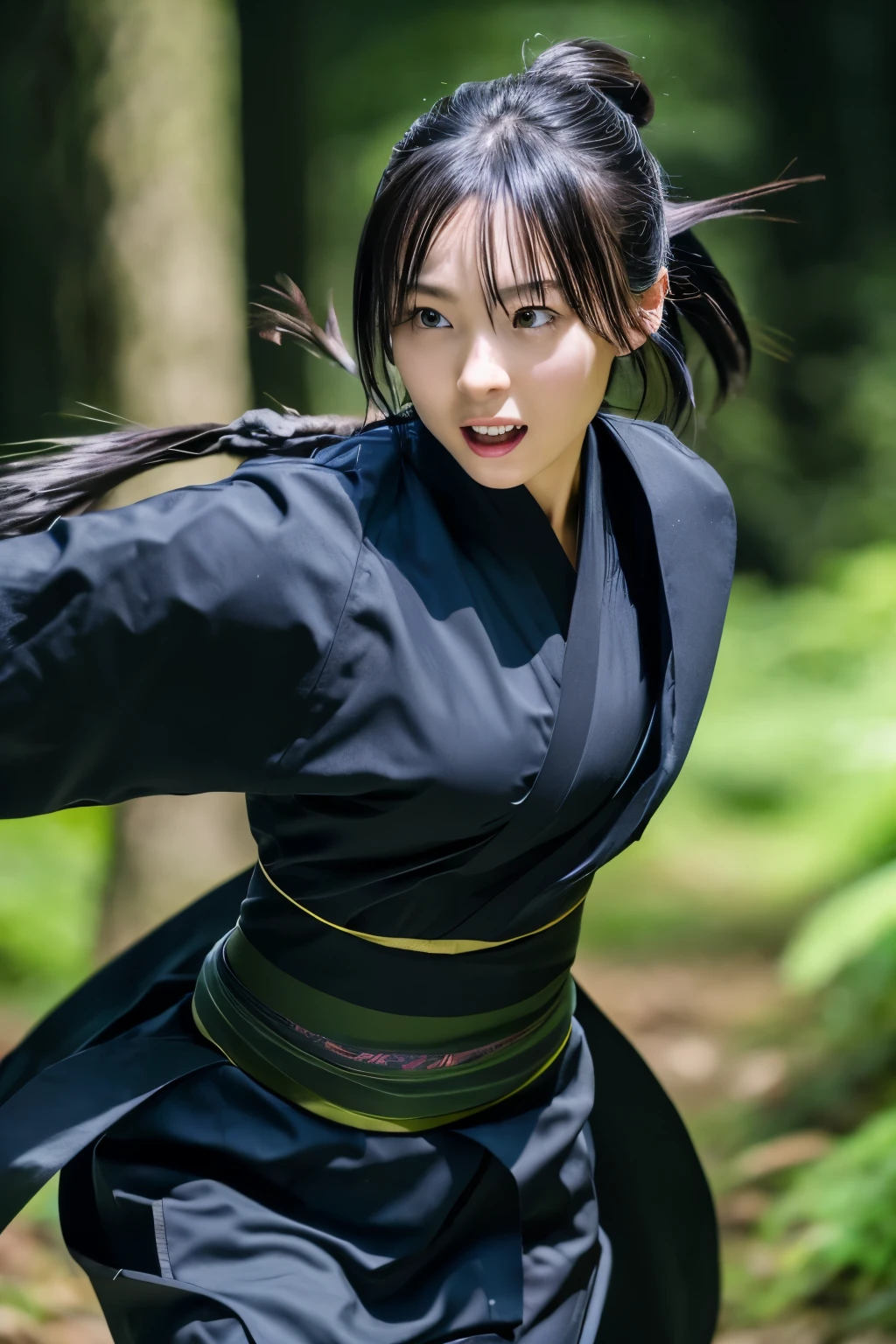 skinny Japanese woman in black Ninja kimono costume running to escape in the dark forest, beautiful face, ((detailed face, detailed eyes)), high quality, high resolution, hyperrealistic photo, a photo capturing a shocking moment, award-winning, masterpiece