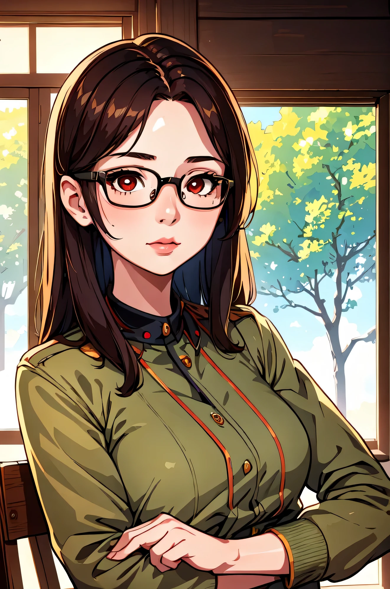 (best quality, masterpiece), 1girl, dappled sunlight, indoors, glasses, shy, 1 girl, young girl, (goosebumps:0.7), beautiful face, (eyeliner, lipstick:0.9), 4k, 8k, uhd, hdr, detailed background, background