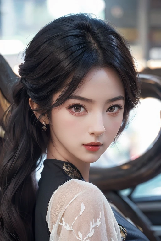 A beautiful woman with red eyes、Posing for a graceful photo with a giant black dragon, arpino,Gray Hair,Face to face, Ultra-realistic, Clear images