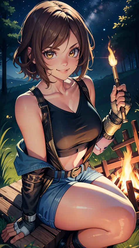 short hair, brown hair, yellow glowing eyes, perfect lips, sitting next to a bonfire, confident smile,cute expression, cute face...