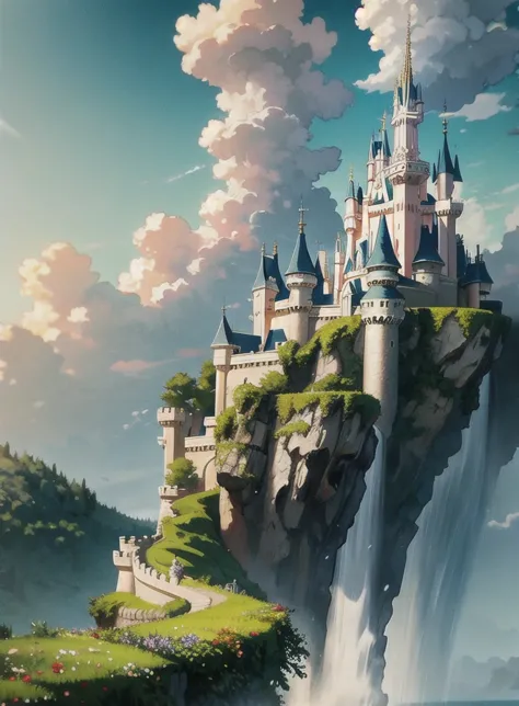 epic cg matte painting, wide view, pale green clouds, disney castle, garden full of flowers on the clouds, a few drops of water ...