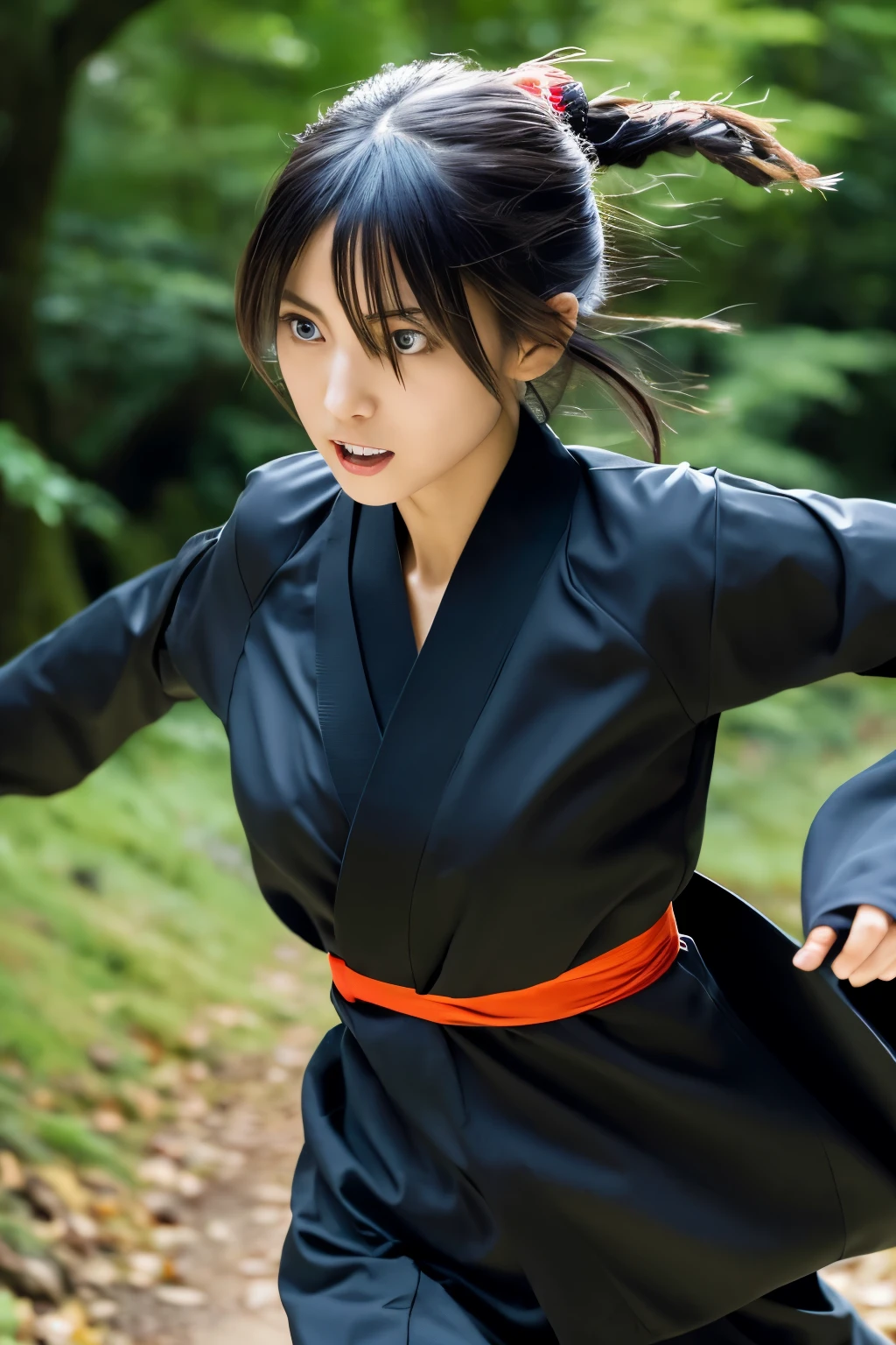Dünne Japanerin im schwarzen Ninja-Kimono-Kostüm rennt im dunklen Wald davon, schönes Gesicht, ((detailliertes Gesicht, Detaillierte Augen)), gute Qualität, Hohe Auflösung, hyperrealistisches Foto, ein Foto, das einen Kampfmoment festhält, Preisgekrönt, Meisterwerk