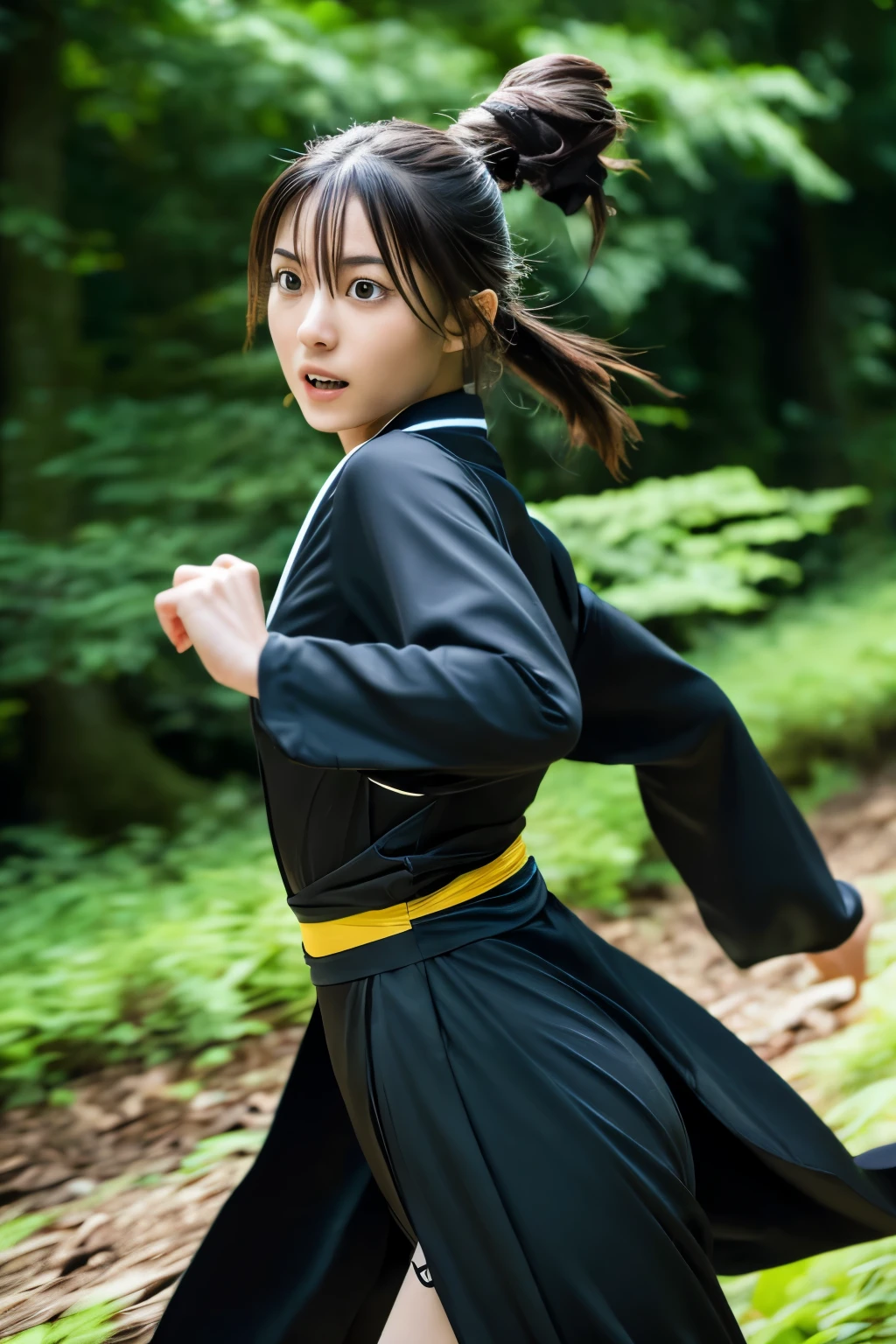 Femme japonaise maigre en costume de kimono Ninja noir courant pour s&#39;échapper dans la forêt sombre, beau visage, ((visage détaillé, Yeux détaillés)), haute qualité, Haute résolution, photo hyperréaliste, une photo capturant un moment de combat, primé, chef-d&#39;œuvre