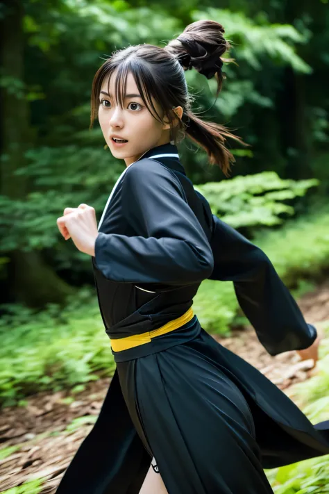 skinny Japanese woman in black Ninja kimono costume running to escape in the dark forest, beautiful face, ((detailed face, detai...