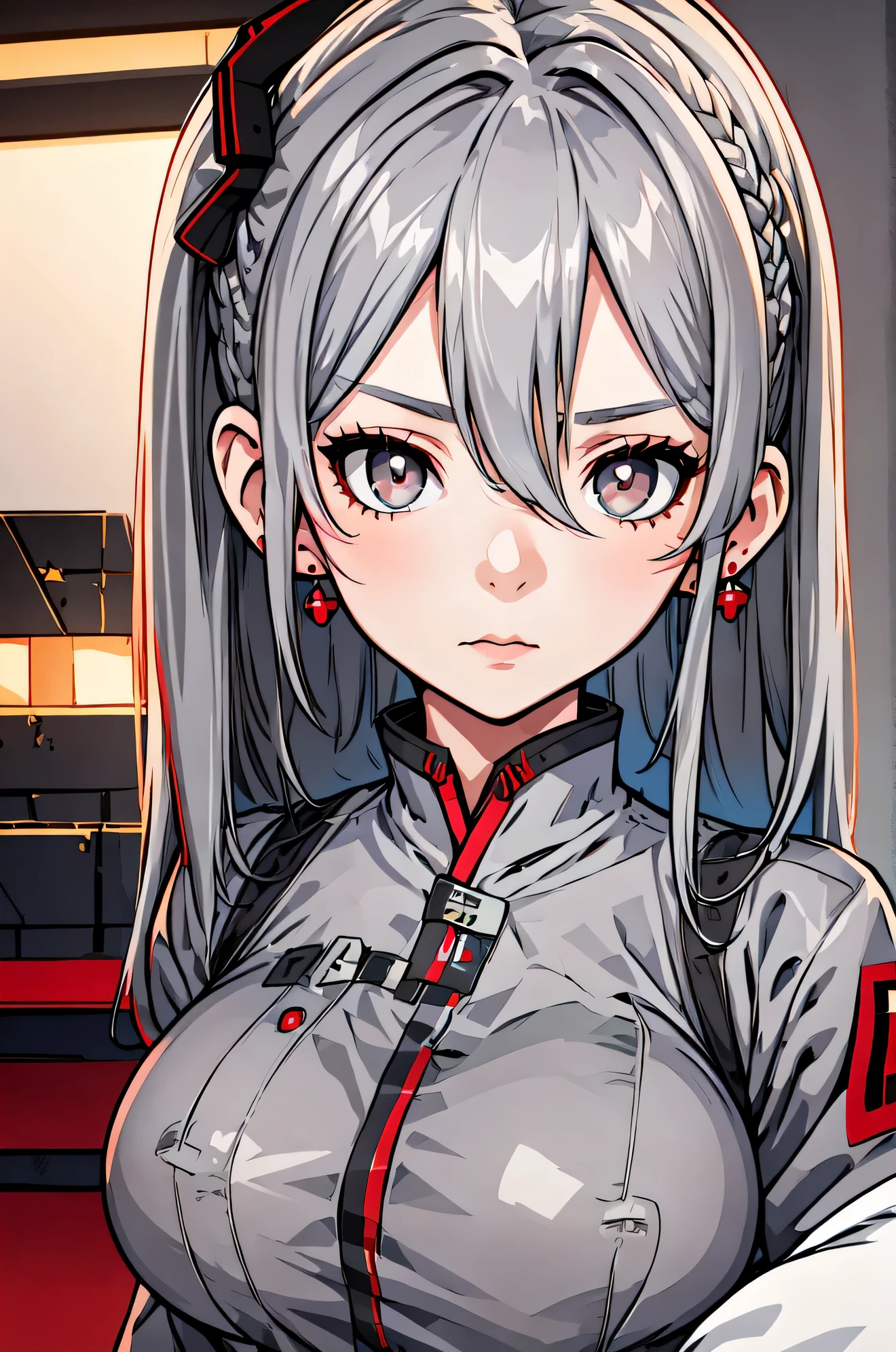 (Realistic painting style:0.9), masterpiece, best quality,  absurdres, looking at viewer, solo, (grey babydol:1.5),  bronya zaychik, red pupils, large breasts, long hair, grey hair, bangs, grey eyes, earrings, drill hair, hair between eyes, hair ornament, (babydoll:1.3), see-through, bed, expressionless