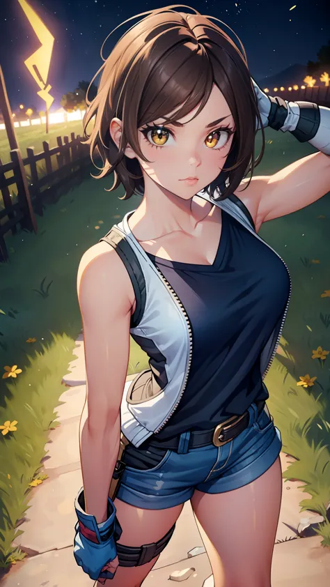 short hair, brown hair, yellow glowing eyes, perfect lips,alert look ,  ready stance, cute expression, cute face, walking in the...