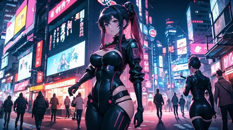 Chicas anime en catsuits posando en una ciudad por la noche., oppai ciberpunk, anime ciberpunk art, anime ciberpunk, arte del an...