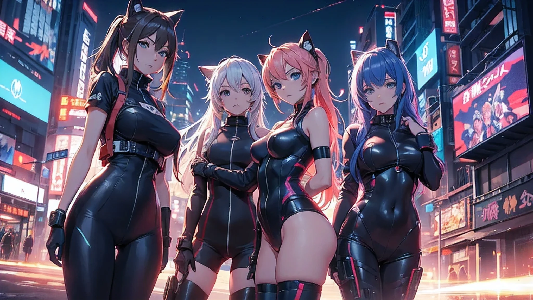 Garotas de anime em macacões posando em uma cidade à noite., Oppai Cyberpunk, arte ciberpunk de anime, anime ciberpunk, arte de anime cyberpunk, digital arte de anime cyberpunk, cyberpunk digital - arte de anime, anime cyberpunk moderno, anime ciberpunk digital!!, Melhor papel de parede de anime 4K Konachan, garota de anime cyberpunk feminina, na cidade cyberpunk, tendência na cgstation, mulheres ciberpunk