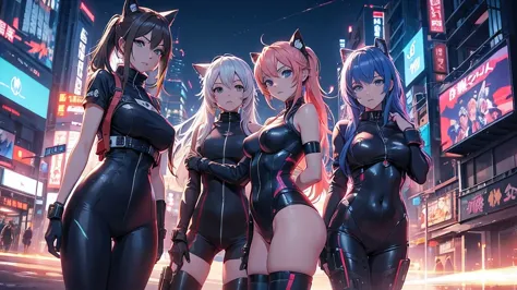 Chicas anime en catsuits posando en una ciudad por la noche., oppai ciberpunk, anime ciberpunk art, anime ciberpunk, arte del an...