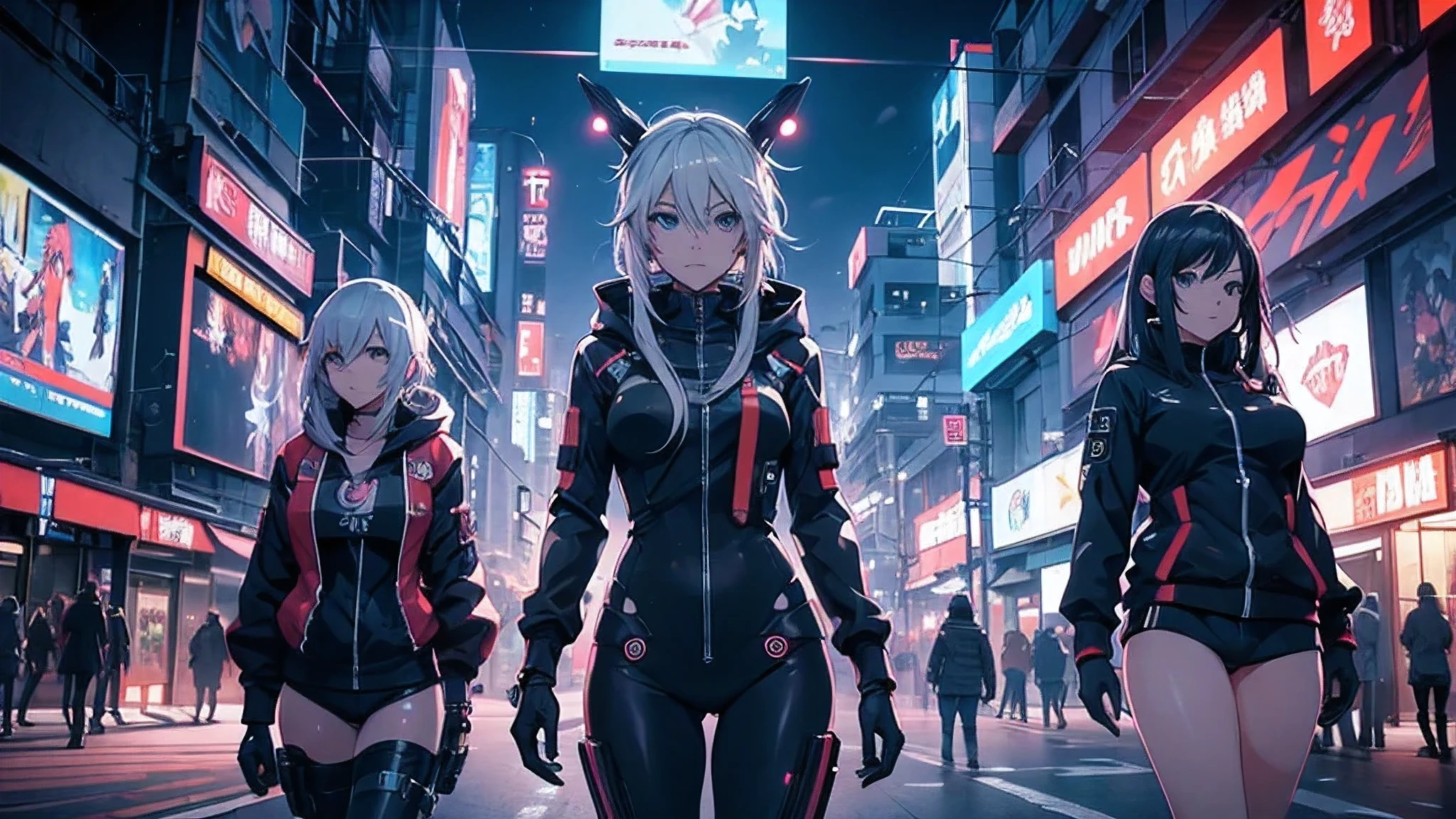 Garotas de anime em macacões posando em uma cidade à noite., Oppai Cyberpunk, arte ciberpunk de anime, anime ciberpunk, arte de anime cyberpunk, digital arte de anime cyberpunk, cyberpunk digital - arte de anime, anime cyberpunk moderno, anime ciberpunk digital!!, Melhor papel de parede de anime 4K Konachan, garota de anime cyberpunk feminina, na cidade cyberpunk, tendência na cgstation, mulheres ciberpunk