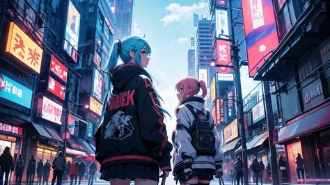 chicas anime posando en una ciudad por la noche., oppai ciberpunk, anime ciberpunk art, anime ciberpunk, arte del anime ciberpun...