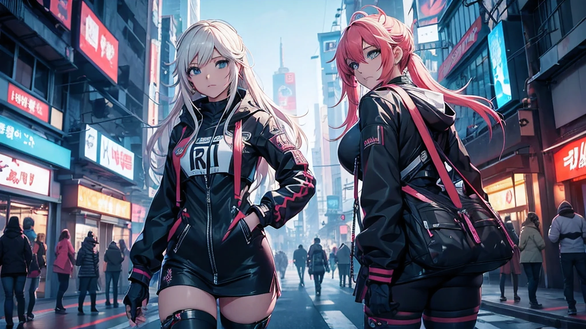 Chicas anime posando en una ciudad por la noche., oppai ciberpunk, anime ciberpunk art, anime ciberpunk, arte del anime ciberpunk, digital arte del anime ciberpunk, ciberpunk digital - arte anime, anime ciberpunk moderno, anime ciberpunk digital!!, mejor fondo de pantalla de anime 4k konachan, chica anime cyberpunk femenina, en la ciudad ciberpunk, tendencia en cgstation, mujeres ciberpunk