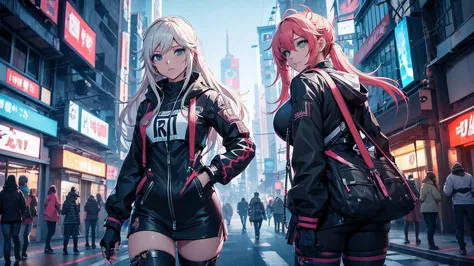 chicas anime posando en una ciudad por la noche., oppai ciberpunk, anime ciberpunk art, anime ciberpunk, arte del anime ciberpun...