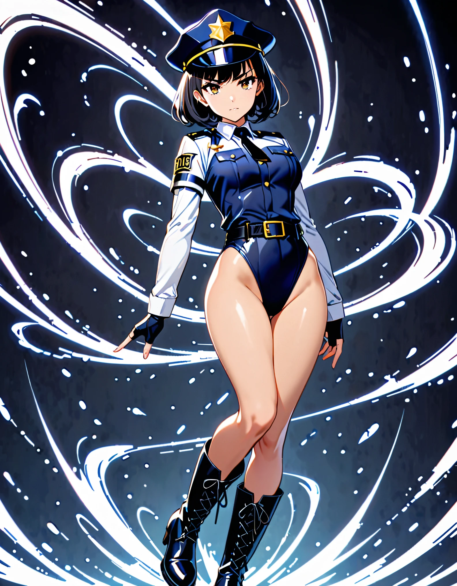 (masterpiece), (best quality), (high res),1girl, tall body, ((short hair, bob hair, jet black hair)), (hazel eyes) beautiful detailed eyes, beautiful detailed face, cute face, perfect hands, complete fingers, perfect anatomy, perfect proportions, ((hat, black police hat)), ((leotard, matching leotard, bare legs)), ((boots, matching boots)), breasts, medium breasts, fingerless gloves, (full body portrait), looking at viewer, solo, solo focus, police uniform, cowboy shot, (belt, tight belt), (armbands, white sleeves), serious, crossed arms, full body costume design. ahoge, she spins at an incredible speed, creating a whirlwind of air around her, spins fast in place like a tornado.