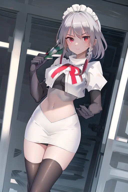 masterpiece, best quality, highres,  1girl, solo, sakuya1, izayoi sakuya, maid headdress, red eyes, grey hair, medium breasts, team rocket,team rocket uniform,white skirt,red letter R,crop top,black thigh-highs,black elbow gloves, holding knife