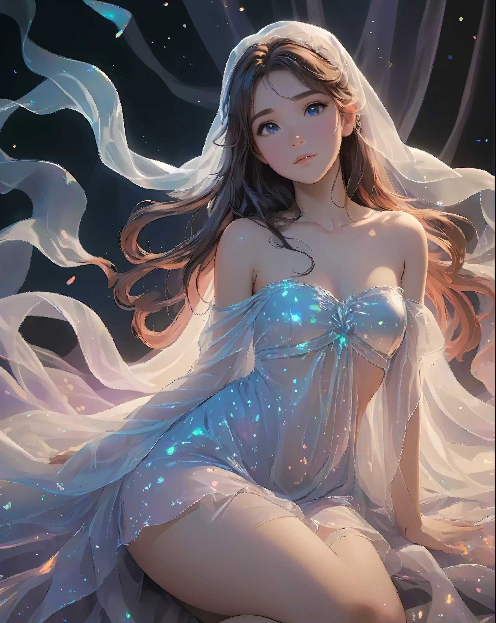 disney style girl, laying among veils, glowing veiled dress, slim, athletic, , perfect soft wavy hair, fluffy long hair, tender, sweet, aesthetic, side, short torso, full figure, short, tiny, iridescent, dim light, perfect anatomy, 4k