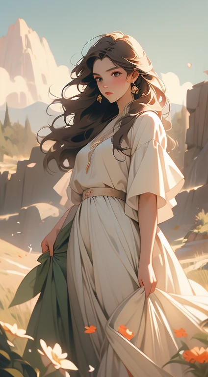 Painting of a woman standing on a hill with flowers in her hands, art by Édouard Bisson, krenzcushart, Opa jeremy lipkin, inspirado em Pierre Auguste Cot, Opa painting style, moebius + Roish + Opa, por Aleksander Gine, Marcos Ariane, inspirado em Cynthia Sheppard