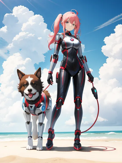 A woman who becomes a hero robot and her pet dog who becomes a support robot,
 Cute and pretty,
 Full Body Shot,
 A pet dog comb...