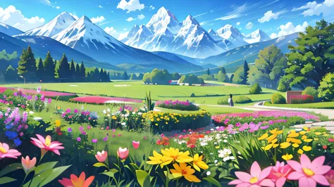 view from lying on the ground，garden，with small flowers as the foreground，there are mountains