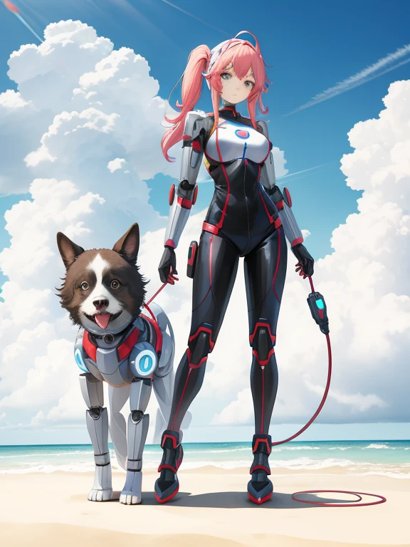 A woman who became a hero robot and her pet who became a support robot,
 Cute and pretty,
 Full Body Shot,
 Combines with the pet female&#39;s head to become a beautiful female robot, Before after