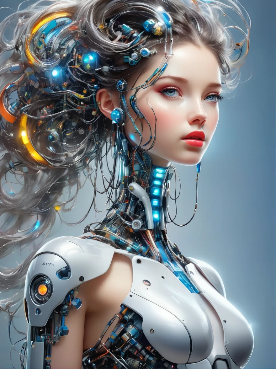 ein Bild einer Frau mit bunter Robotertechnik, im Stil des frei fließenden Surrealismus, glänzend, glänzend, präzise und lebensecht, Modellierung harter Oberflächen, Präzisionslinien, helles Silber und Azurblau, Ingenieurwesen, Konstruktion und Design, ganzer Körper, Von Kopf zu Fuß, Metallische High Heels, Laserlichtstrümpfe, UHD, Meisterwerk, genau, anatomisch korrekt, Strukturierte Haut, preisgekrönt, beste Qualität, 8k