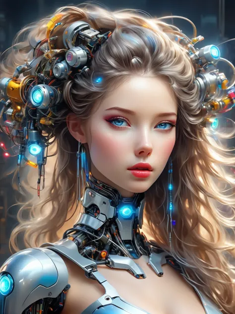a image of a woman wearing colorful robot tech, in the style of free-flowing surrealism, shiny, glossy, precise and lifelike, ha...