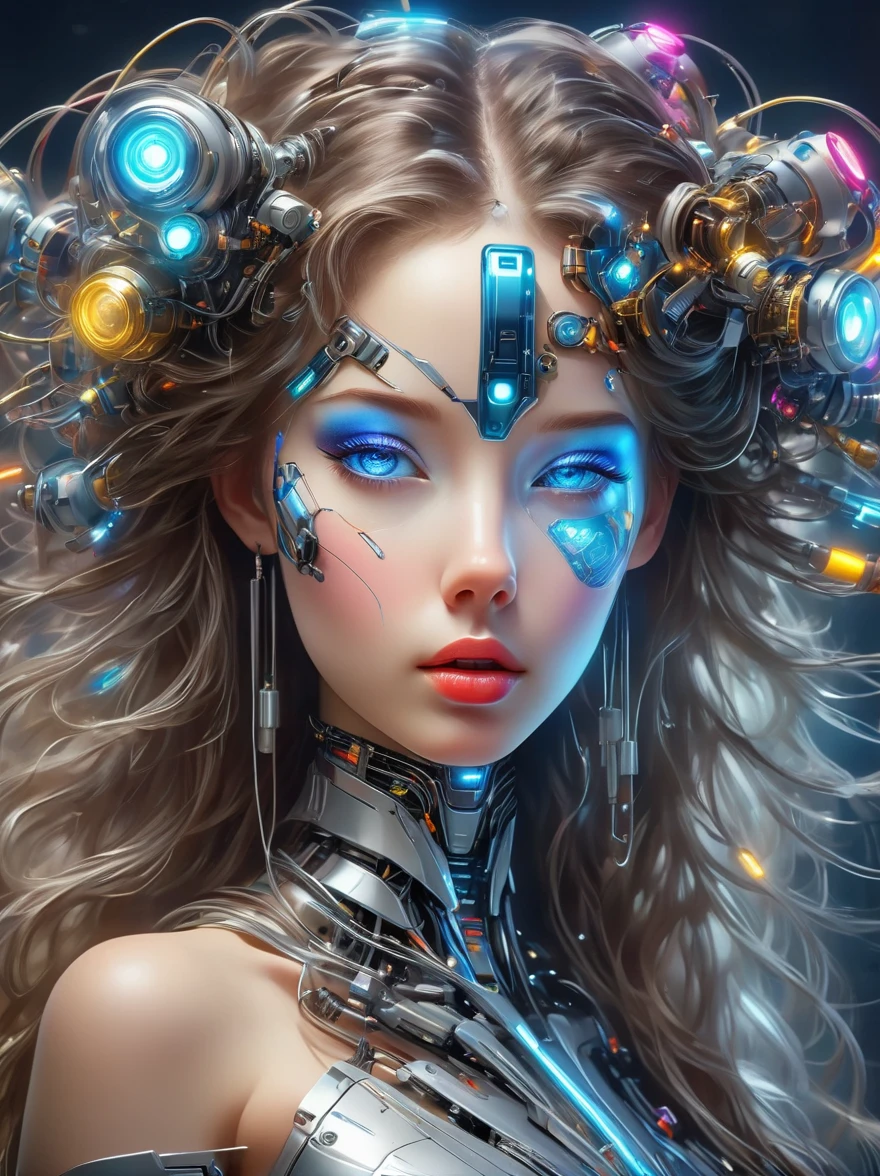 a image of a woman wearing colorful robot tech, in the style of free-flowing surrealism, shiny, glossy, precise and lifelike, hard surface modeling, precisionist lines, light silver and azure, engineering, construction and design, whole body, from head to foot, Metallic high heels, Laser light stockings, UHD, masterpiece, ccurate, anatomically correct, textured skin, award winning, best quality, 8k