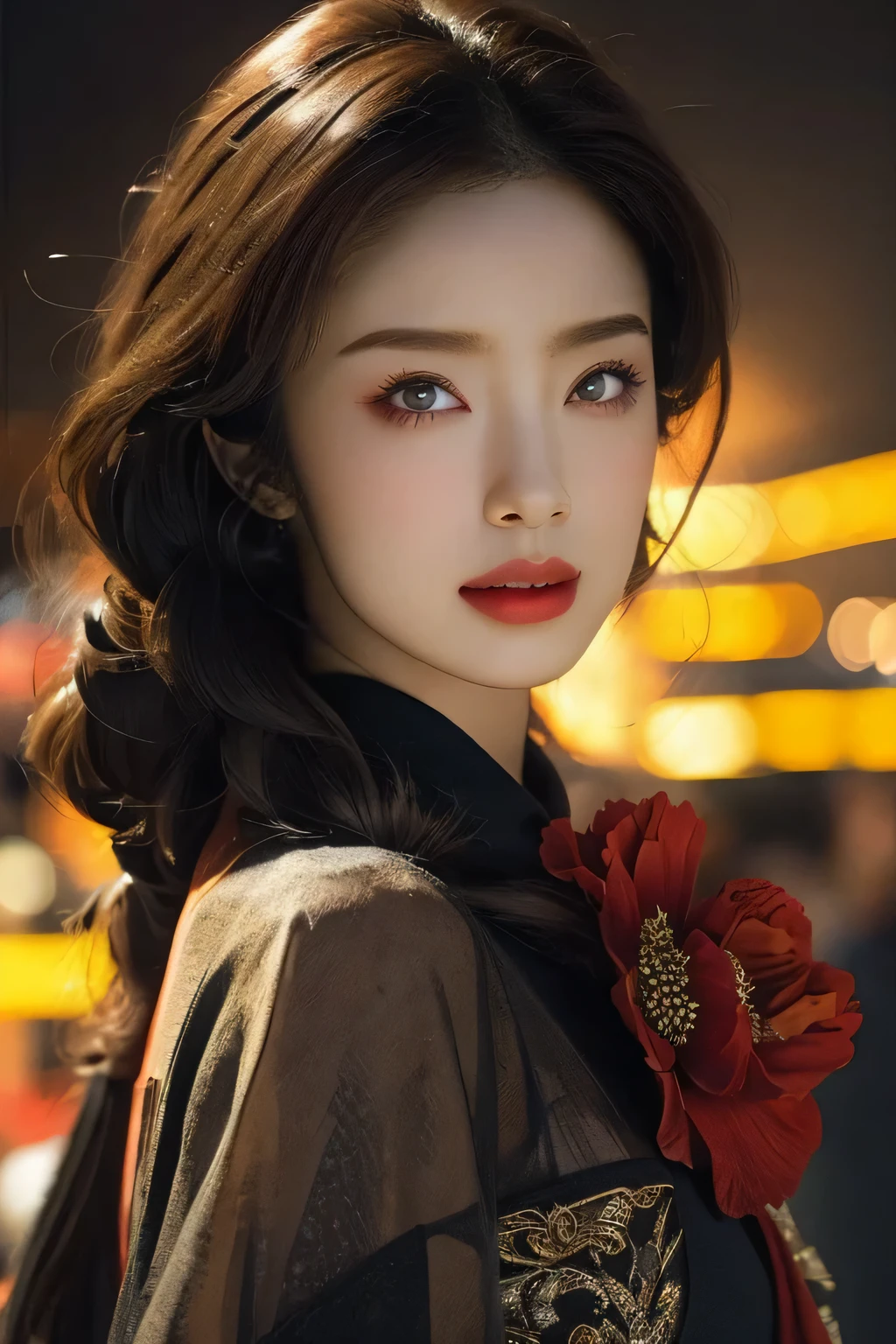 Beautiful woman with red eyes posing for elegant photo with black giant dragon, arpino,Gray Hair,Face to face, Ultra-realistic, Clear images