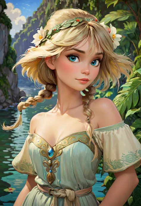 astrid hofferson from how to train your dragon, portrayed by laura vandervoort. resembling the beauty of alphonse mucha's artwor...