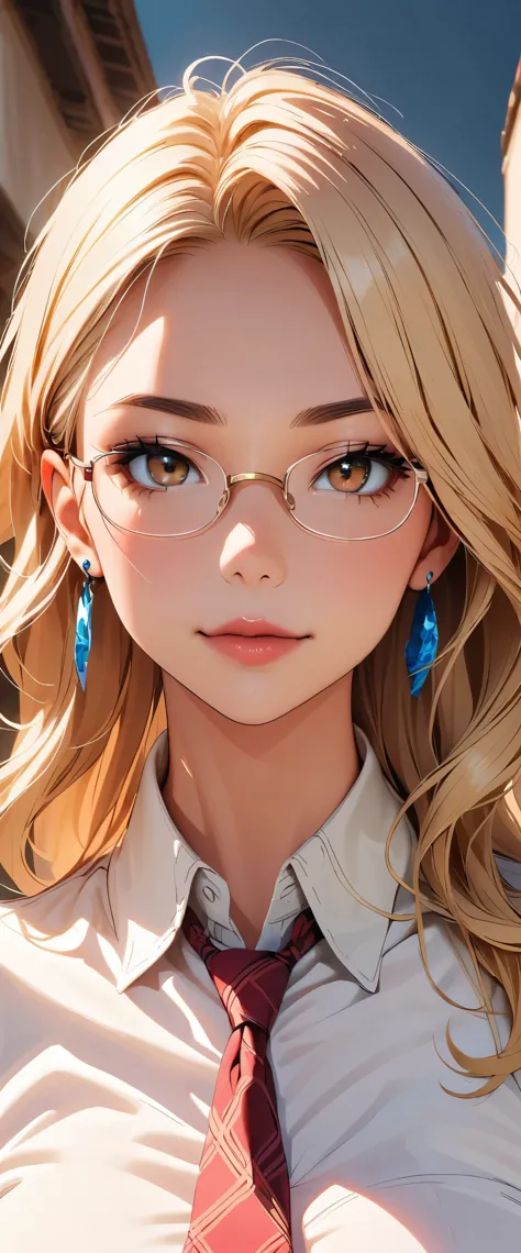 slightly curled hair, Rimless Glasses, Small spots under the corners of the mouth, / Note Lilac Earrings, Mouth slightly closed,...