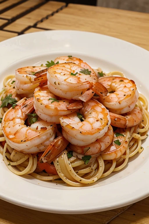 Make me a pasta dish with shrimp accompanied by toasted bread on a separate plate.