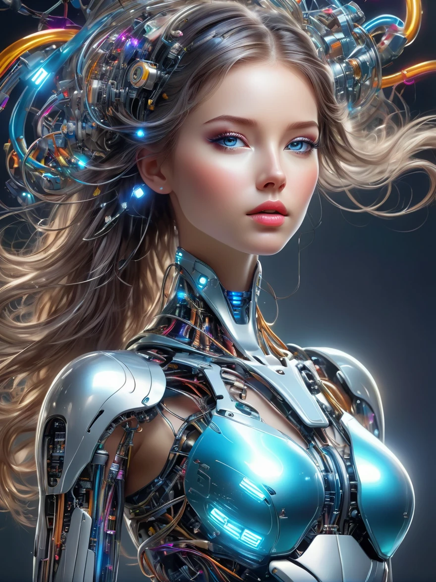 ein Bild einer Frau mit bunter Robotertechnik, im Stil des frei fließenden Surrealismus, glänzend, glänzend, präzise und lebensecht, Modellierung harter Oberflächen, Präzisionslinien, helles Silber und Azurblau, Ingenieurwesen, Konstruktion und Design, ganzer Körper, Von Kopf zu Fuß, Metallische High Heels, Laserlichtstrümpfe, UHD, Meisterwerk, genau, anatomisch korrekt, Strukturierte Haut, preisgekrönt, beste Qualität, 8k