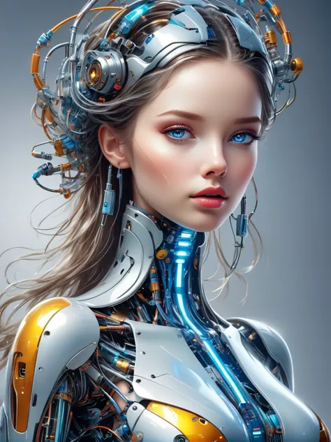 a image of a woman wearing colorful robot tech, in the style of free-flowing surrealism, shiny, glossy, precise and lifelike, ha...