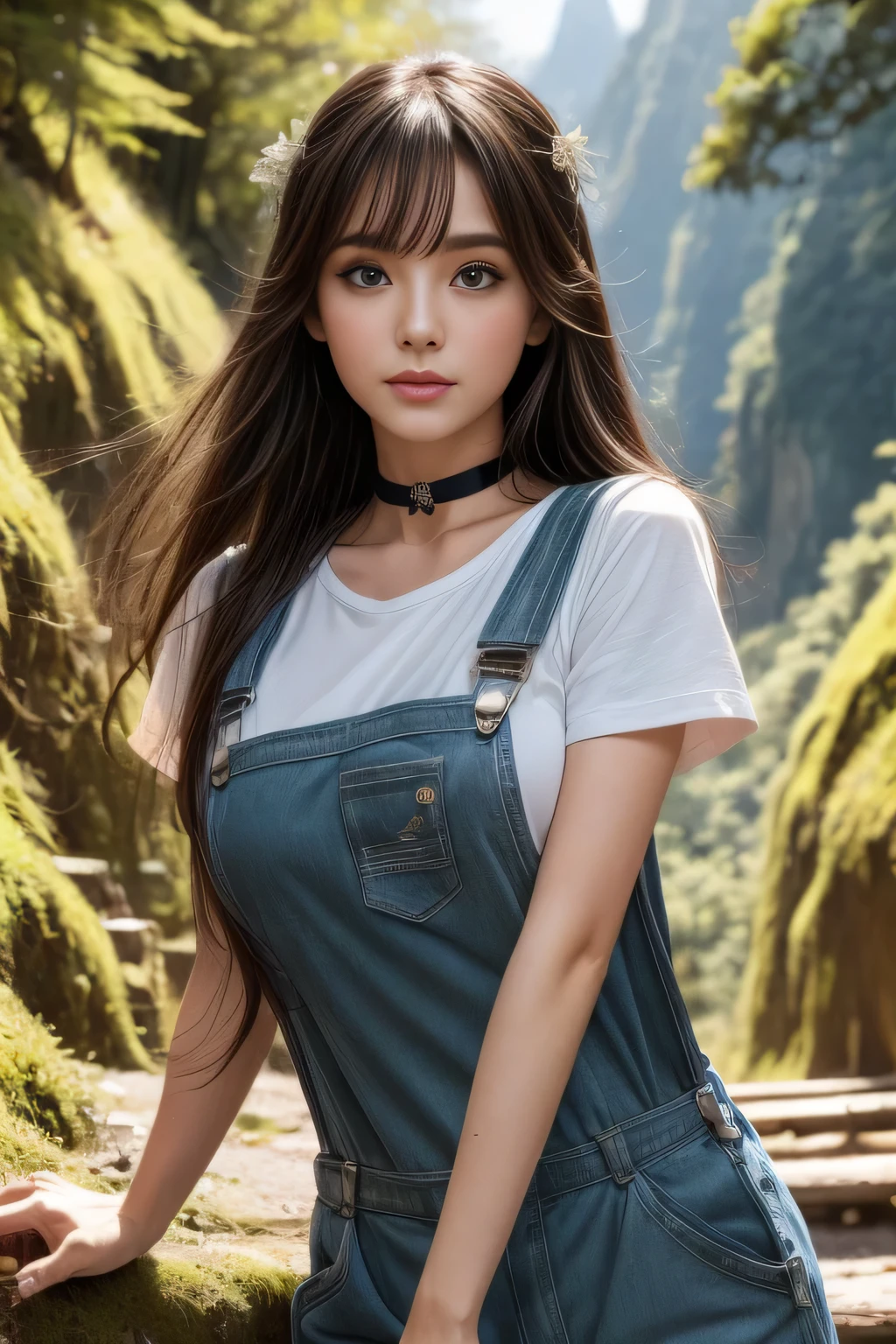 Very beautiful woman, Highly detailed eyes, Highly detailed face, Highly detailed lips, Super detailed everything, Attractive woman, Black Choker, blue eyes, Very long eyelashes, bangs, Big Breasts, highest quality, masterpiece, ((Slim face)), Japanese actress, ((High nose)), ((Mountain Girl)), Happy atmosphere, , ((forest, Dense forest)), mini skirt, ((Overalls))，Herb clusters、Working、Working, T-Shirts:-1.2