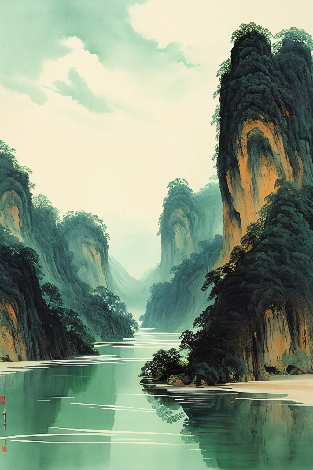 barco,águacraft,Tema Verde,água,sem humanos,cenário,árvore,ao ar livre,Milhares de quilômetros de rios e montanhas,Pintura de paisagem,zen chinês,espaço em branco,simplicidade,Novo estilo chinês,respingos de tinta,anéis anuais,pontos,linhas e superfícies,Wu Guanzhong,minimalismo frio,detalhes ricos,(((obra de arte))),(((melhor qualidade))),((Ultra-detalhado))