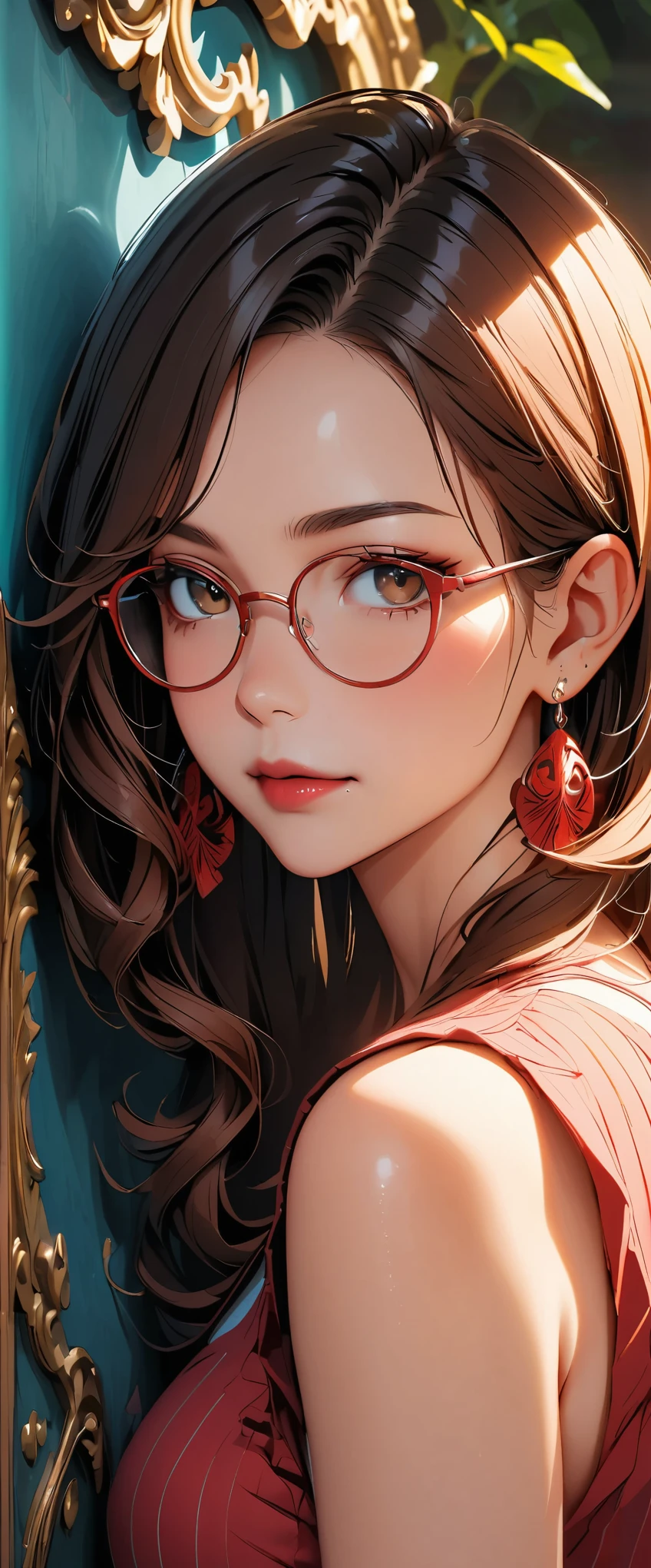 slightly curled hair, red narrow-rimmed glasses, Small spots under the corners of the mouth, / Note Lilac Earrings, Mouth slightly closed, Red lips, Surrealism, Attention to detail, Strong chiaroscuro, Film grain, Panorama, Ultra-high resolution, Accurate, Textured skin.