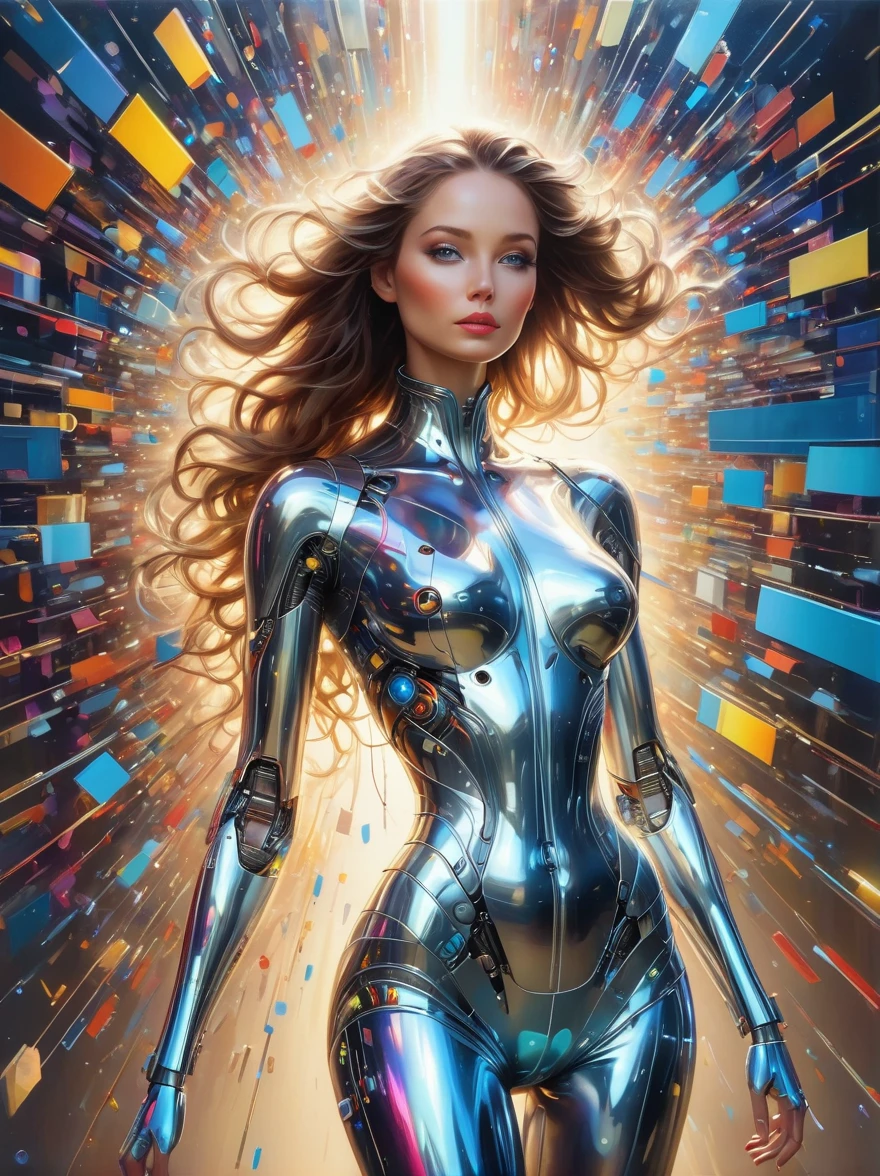 a image of a woman wearing colorful robot tech, in the style of free-flowing surrealism, shiny, glossy, precise and lifelike, hard surface modeling, precisionist lines, light silver and azure, engineering, construction and design, whole body, from head to foot, Metallic high heels, Laser light stockings, Pop art, Realism, Tonalism, Verism, film grain, sparkle, Wide-Angle, cowboy shot, UHD, masterpiece, ccurate, anatomically correct, textured skin, award winning, best quality, 8k