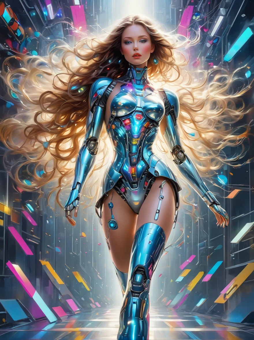 a image of a woman wearing colorful robot tech, in the style of free-flowing surrealism, shiny, glossy, precise and lifelike, hard surface modeling, precisionist lines, light silver and azure, engineering, construction and design, whole body, from head to foot, Metallic high heels, Laser light stockings, Pop art, Realism, Tonalism, Verism, film grain, sparkle, Wide-Angle, cowboy shot, UHD, masterpiece, ccurate, anatomically correct, textured skin, award winning, best quality, 8k