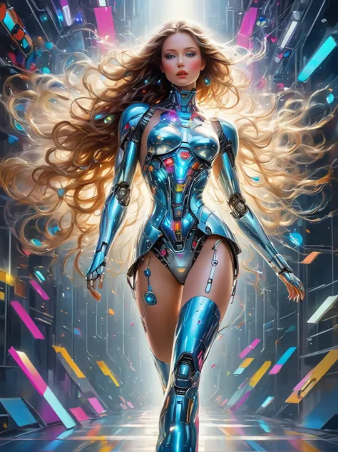 a image of a woman wearing colorful robot tech, in the style of free-flowing surrealism, shiny, glossy, precise and lifelike, ha...