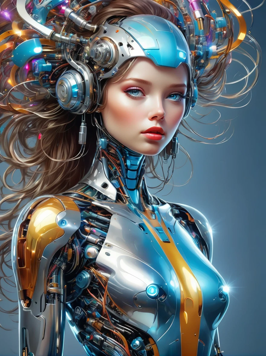 une image d&#39;une femme portant une technologie de robot colorée, dans le style du surréalisme fluide, brillant, brillant, précis et réaliste, Modélisation de surfaces dures, lignes précisionnistes, argent clair et azur, ingénierie, construction et conception, tout le corps, De la tête aux pieds, Talons hauts métallisés, Bas lumineux laser, pop Art, le réalisme, Tonalisme, Vérisme, grain de film, scintillait, Grand angle, tir de cow-boy, UHD, chef-d&#39;œuvre, précis, Anatomiquement correct, peau texturée, primé, Meilleure qualité, 8k