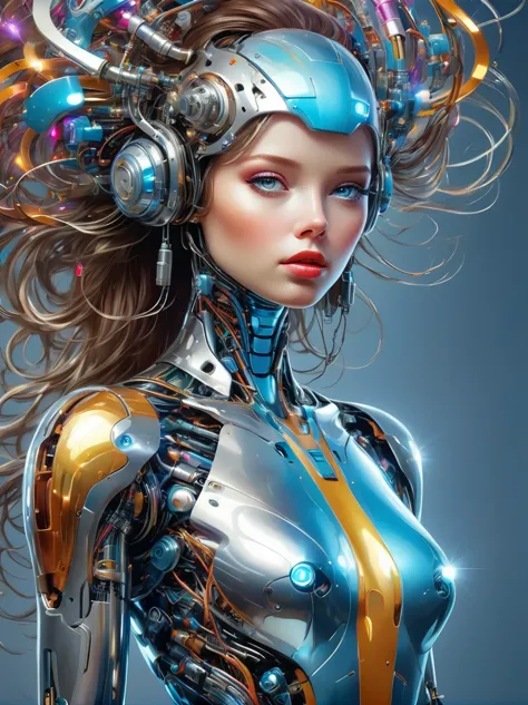 a image of a woman wearing colorful robot tech, in the style of free-flowing surrealism, shiny, glossy, precise and lifelike, ha...