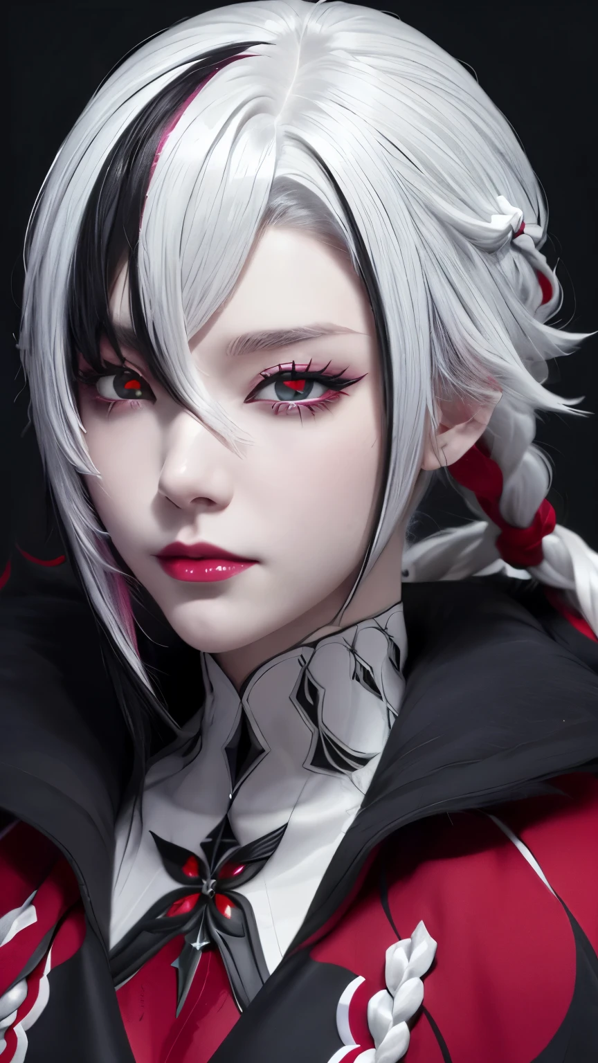 girl，White hair，Black Hair，Colorful Hair，short hair，Straight Hair，Long braids，Glowing red eyes，Red X pupil（focus），Sharp facial features，White skin，Pink lips，Soft and tender，sad，Black Sweater，Upper Body